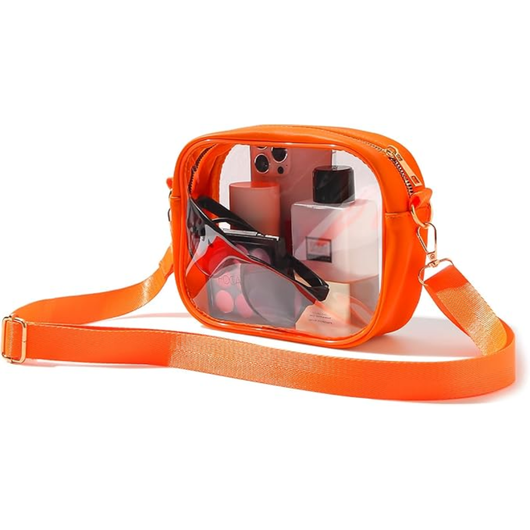 Orange transparente Umhängetasche, PVC, mit Kosmetikartikeln, ideal für Reisen und Festivals.