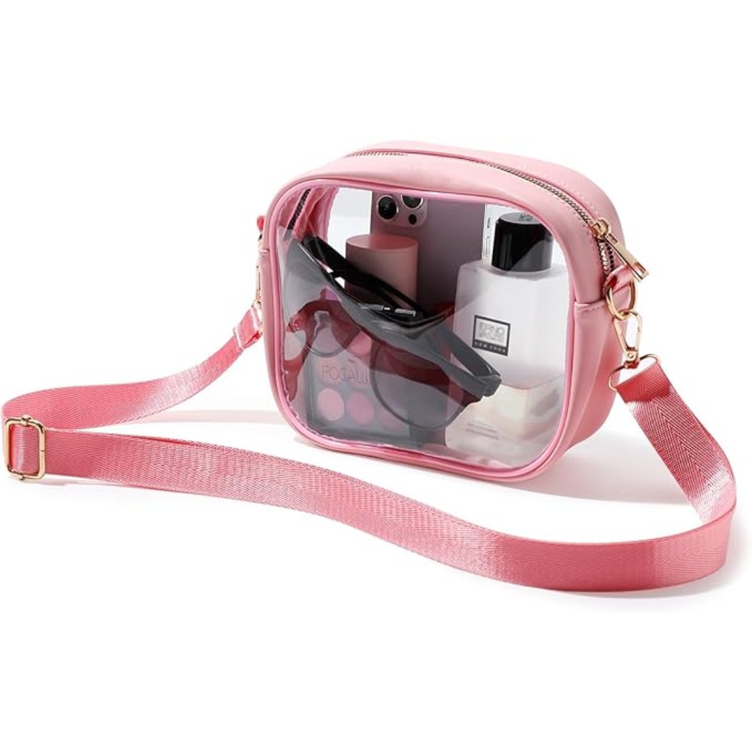 Rosa transparente Kosmetiktasche mit Schulterriemen, ideal für Reisen und Make-up-Aufbewahrung.