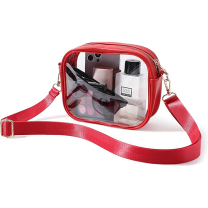 Rote transparente Umhängetasche, Kosmetikaufbewahrung, PVC, verstellbarer Gurt, modisch.