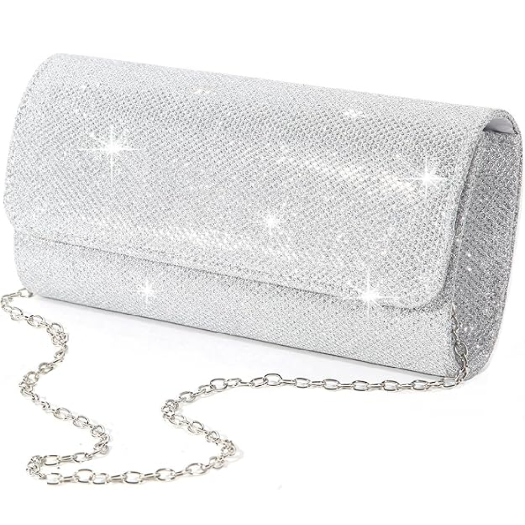 Silberne Glitzer-Clutch mit Kettenträger, elegantes Abendtasche-Design für Damen.