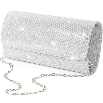 Silberne Glitzer-Clutch mit Kettenträger, elegantes Abendtasche-Design für Damen.