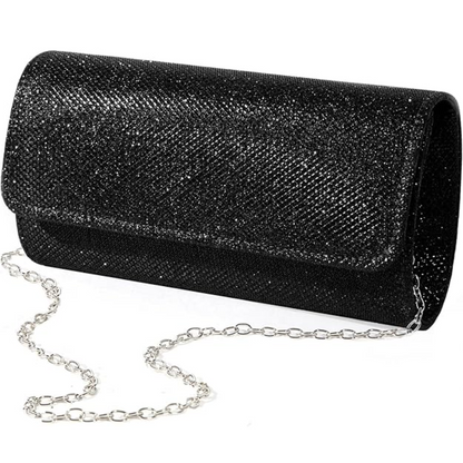 Schwarze Glitzer-Clutch mit silberner Kette, elegante Abendtasche für Damen.