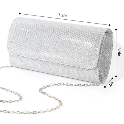 Silberne Glitzer-Clutch mit Kette, 20 cm, elegant, Abendtasche, Damenmode, Accessoire.