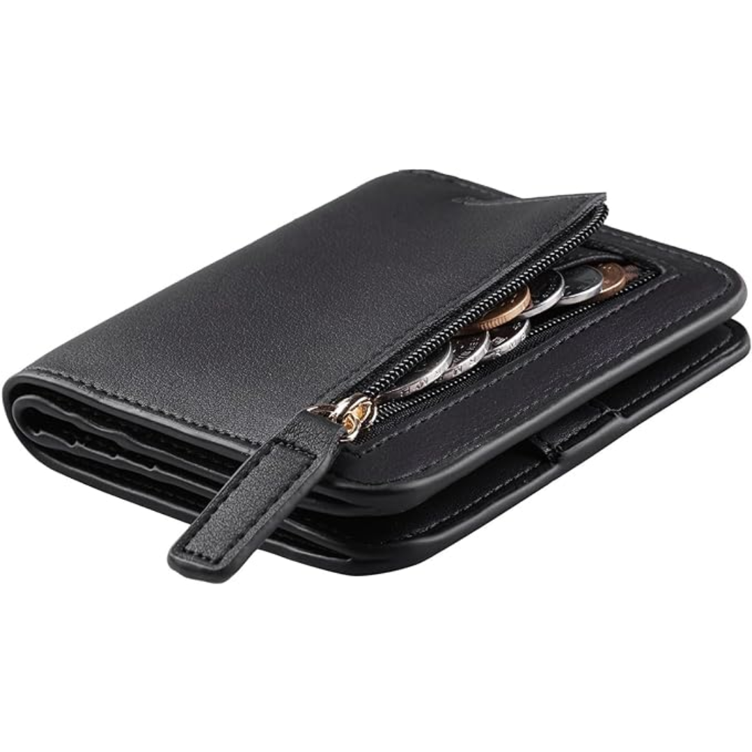 Schwarze Leder-Geldbörse mit Reißverschluss, Münzfach, kompakt, stilvoll, Herren-Accessoire.