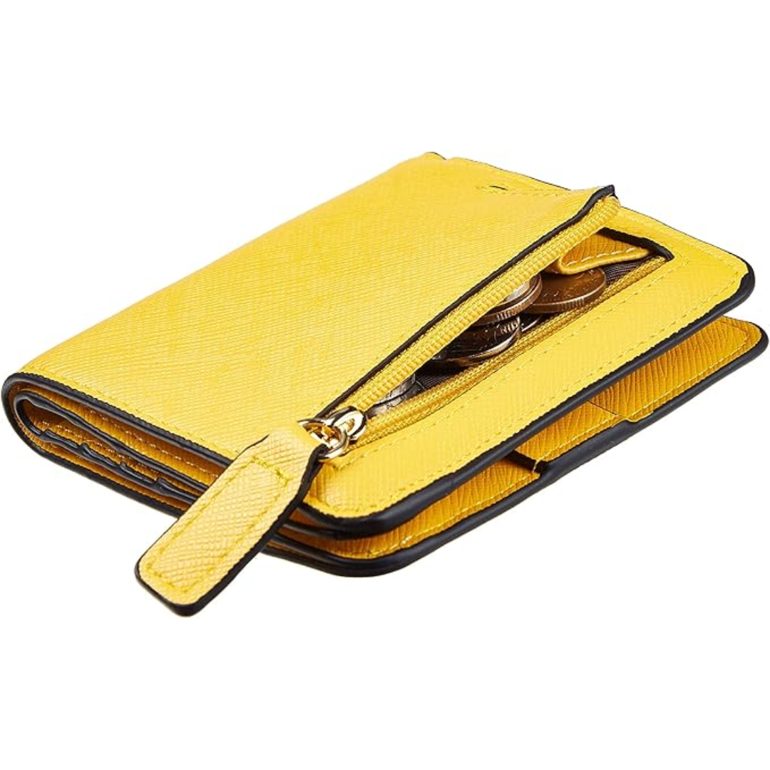 Gelbe Leder-Geldbörse mit Reißverschluss, kompakt, ideal für Münzen und Kartenaufbewahrung.