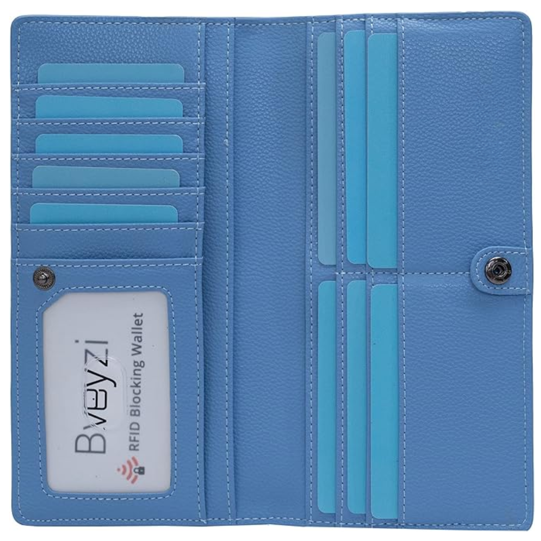 Blaue RFID-blockierende Damen-Geldbörse aus Leder mit Kartenfächern und Druckknopfverschluss.