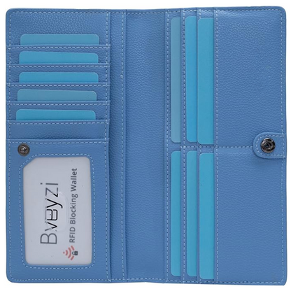 Blaue RFID-blockierende Damen-Geldbörse aus Leder mit Kartenfächern und Druckknopfverschluss.