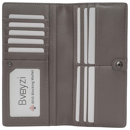Graue RFID-blockierende Damen-Geldbörse aus Leder mit Kartenfächern und Druckknopfverschluss.