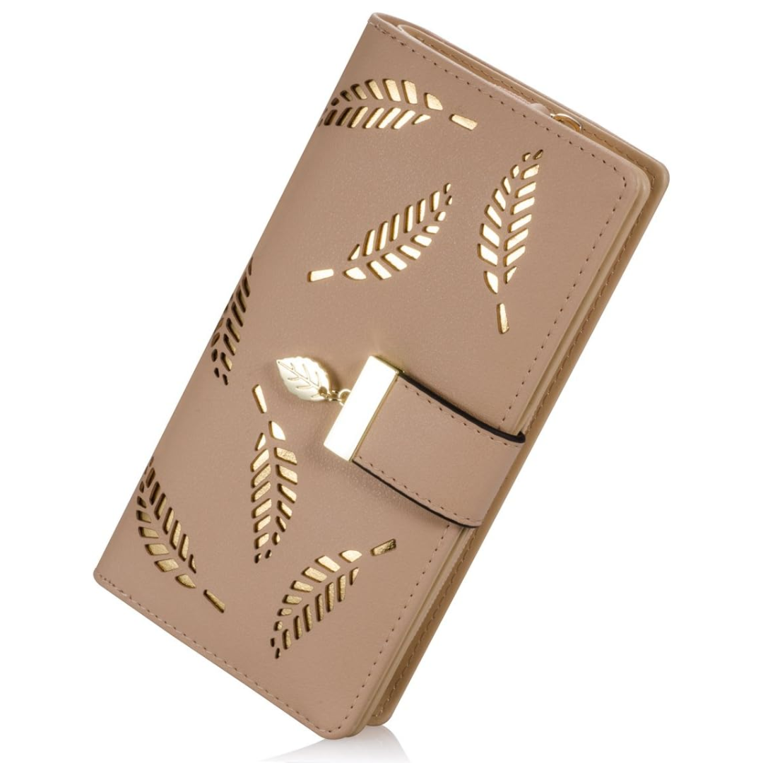 Beige Damen-Geldbörse mit Blattmuster, Kunstleder, modisch, elegant, Portemonnaie.