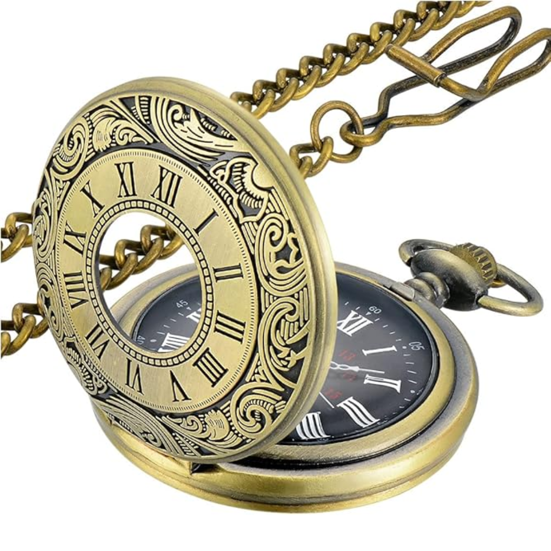 Antike Taschenuhr aus Messing mit Kette, römische Ziffern, Vintage-Design, Retro-Stil.