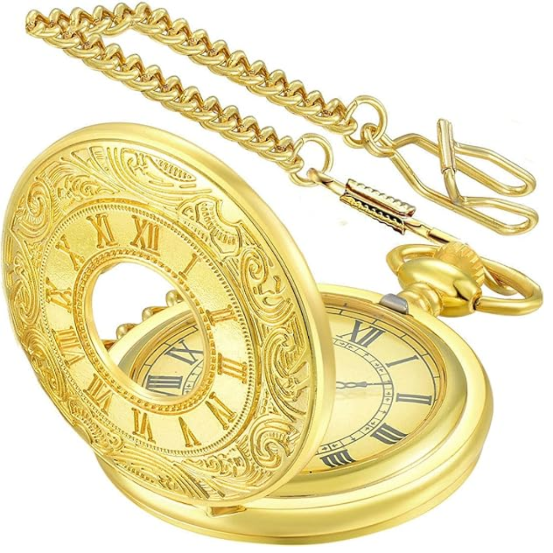 Goldene Taschenuhr mit Kette, römische Ziffern, Vintage-Design, Herren Accessoire.