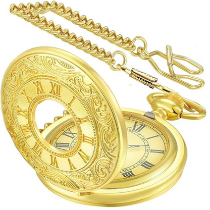Goldene Taschenuhr mit Kette, römische Ziffern, Vintage-Design, Herren Accessoire.