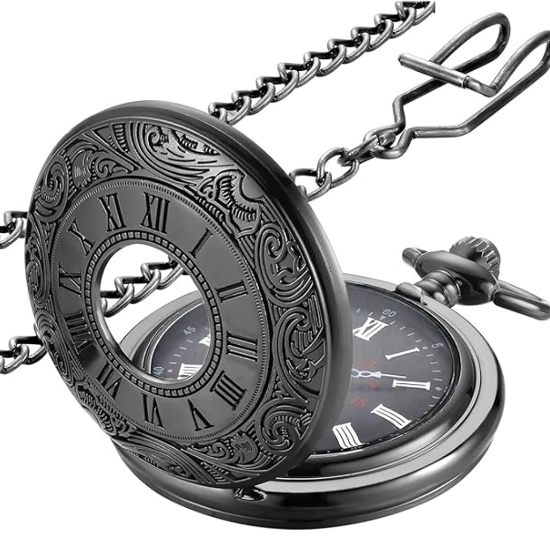 Antike Taschenuhr aus Metall mit Kette, römische Ziffern, Vintage-Design, schwarz-silber.