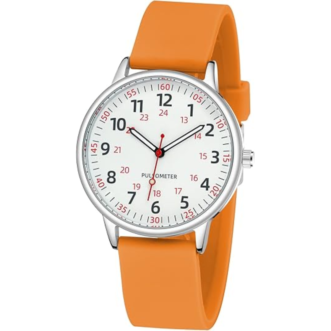 Orange Armbanduhr mit weißem Zifferblatt, Edelstahlgehäuse, Pulsmesser, modisches Accessoire.