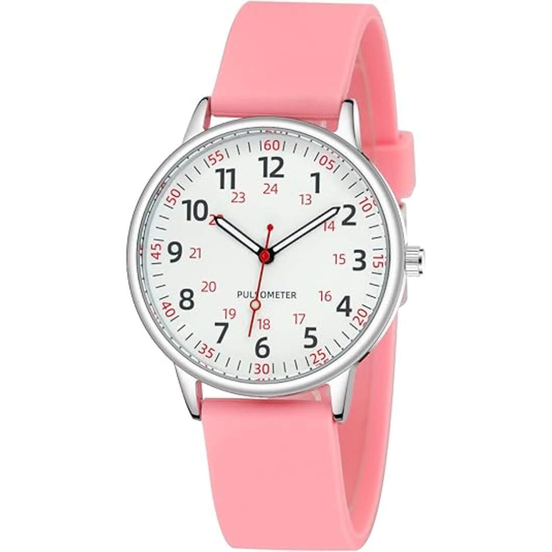 Rosa Armbanduhr mit weißem Zifferblatt, silbernem Gehäuse, Pulsmesser, modisches Accessoire.