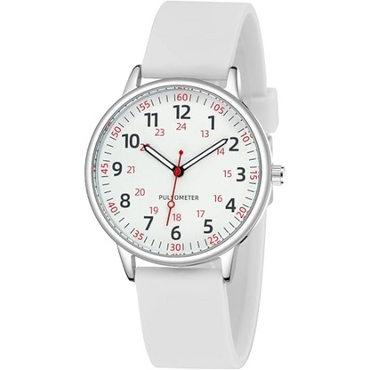 Weiße Armbanduhr mit Pulsmesser, Edelstahlgehäuse, roter Sekundenzeiger, modernes Design.