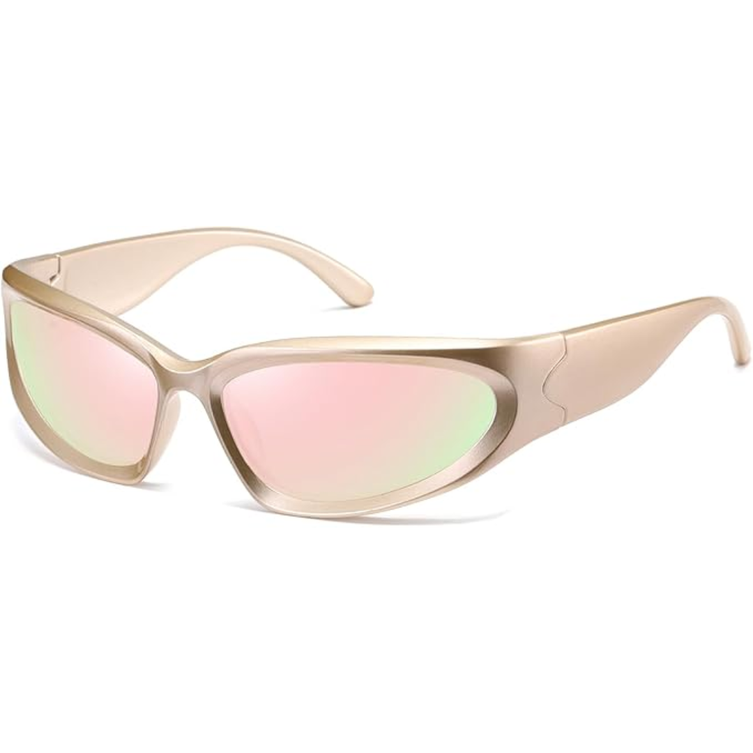 Goldene Sonnenbrille mit rosa verspiegelten Gläsern, modisches Accessoire für Damen.