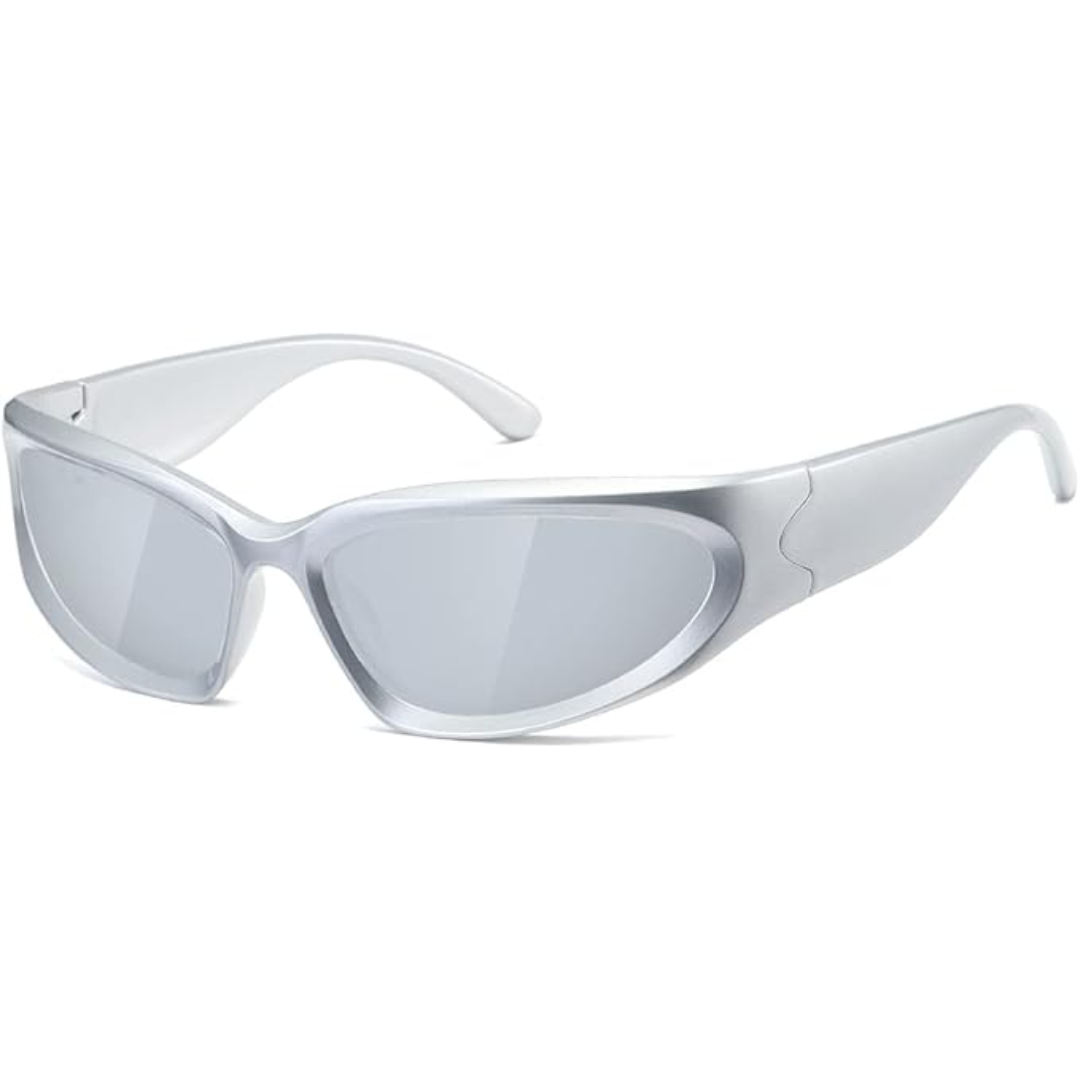 Silberne Sonnenbrille, sportliches Design, UV-Schutz, modisch, unisex.