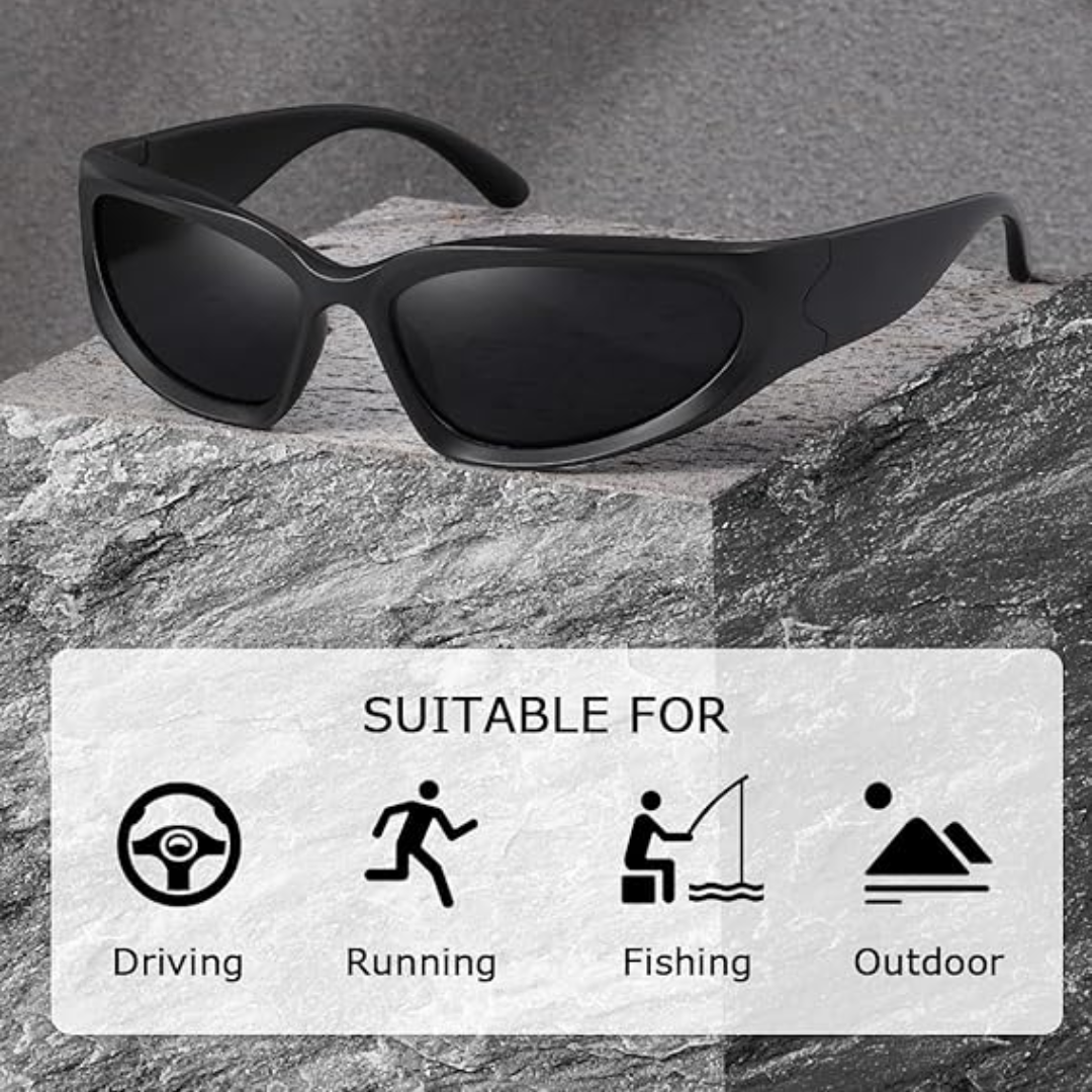 Schwarze Sportsonnenbrille auf Stein, ideal für Autofahren, Laufen, Angeln, Outdoor-Aktivitäten.