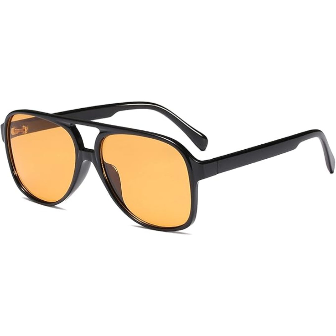 Schwarze Sonnenbrille mit orangefarbenen Gläsern, modisches Accessoire, UV-Schutz.