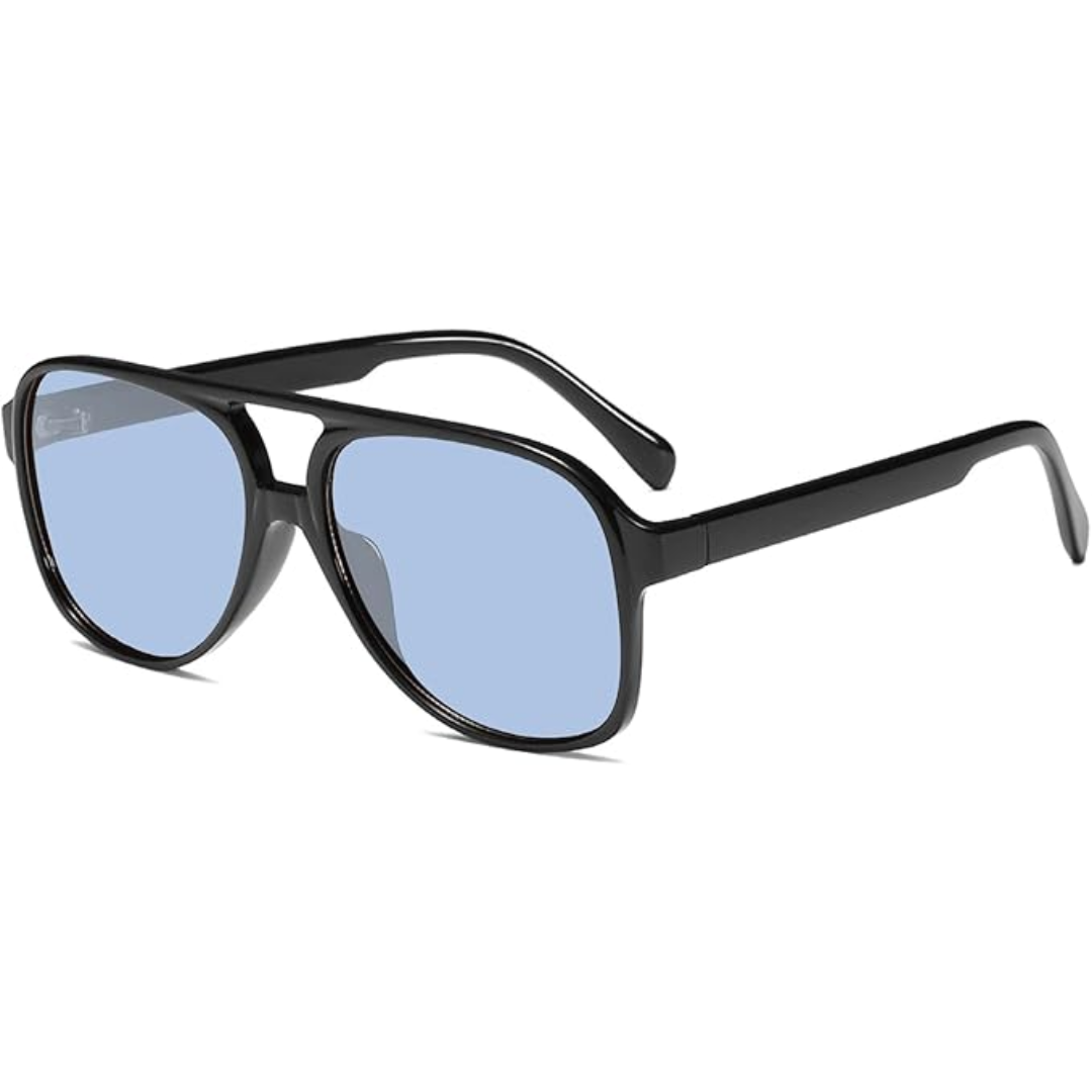 Schwarze Sonnenbrille mit blauen Gläsern, modisches Accessoire, UV-Schutz, Unisex-Design.