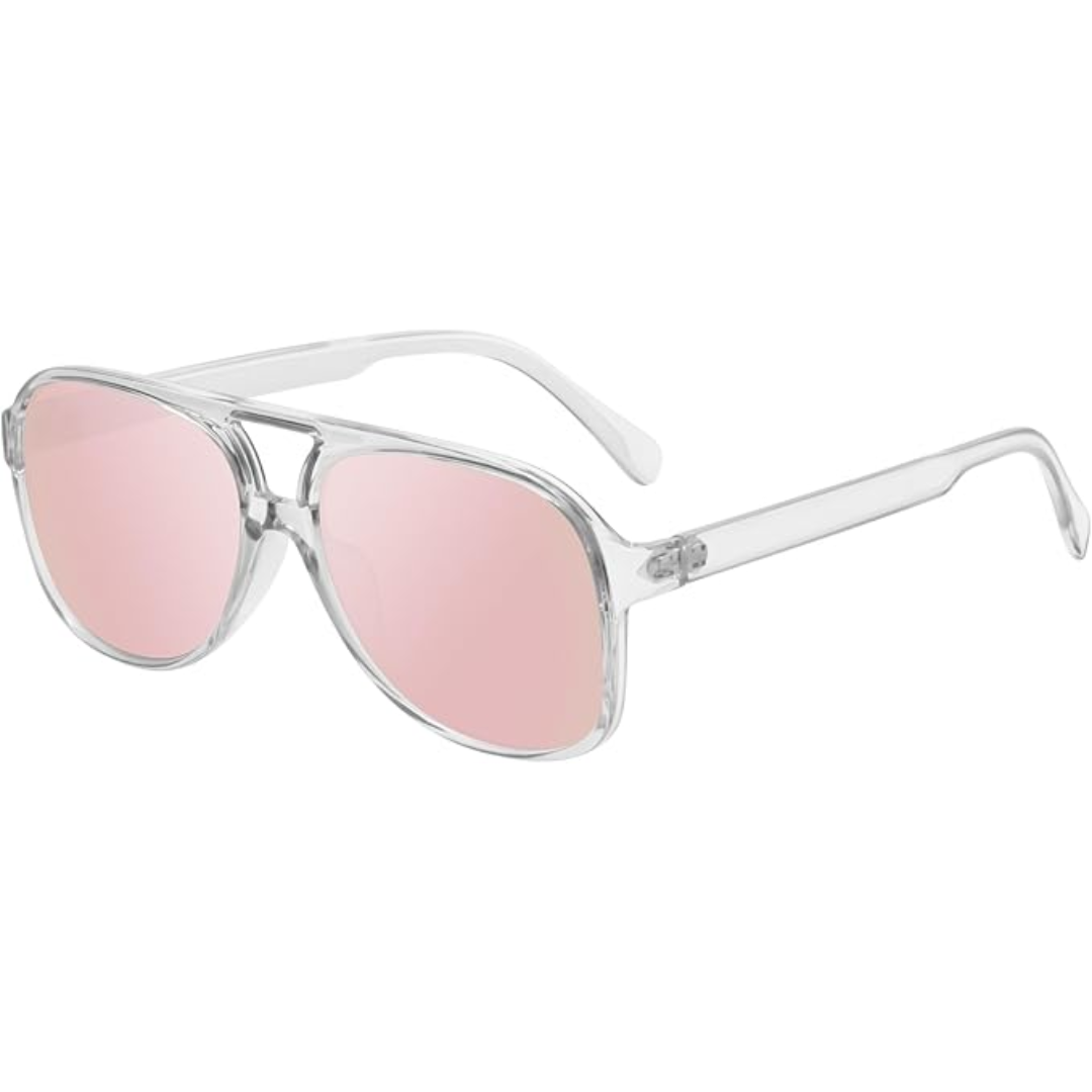 Transparente Sonnenbrille mit rosa Gläsern, modisches Accessoire, Unisex, UV-Schutz.