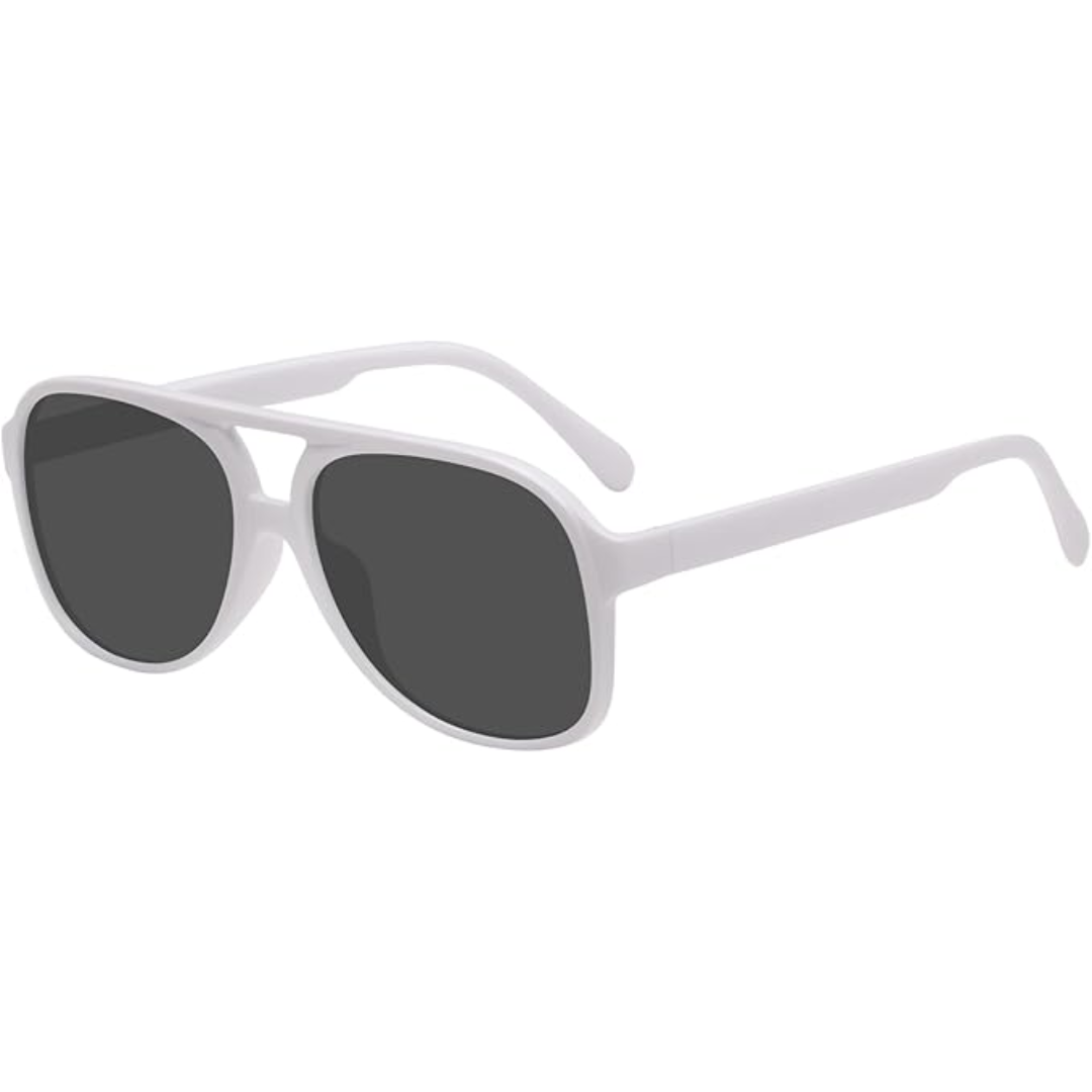 Weiße Sonnenbrille mit schwarzen Gläsern, modisches Accessoire, UV-Schutz, Unisex-Design.