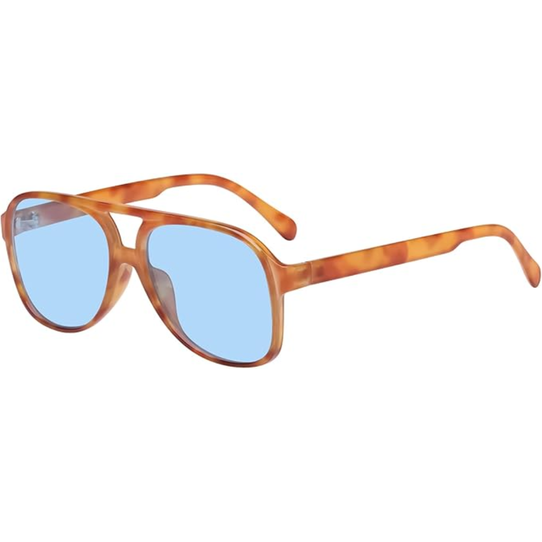 Braune Sonnenbrille mit blauen Gläsern, modisches Accessoire, Unisex, Retro-Design.