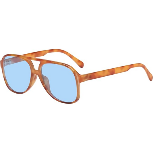 Braune Sonnenbrille mit blauen Gläsern, modisches Accessoire, Unisex, Retro-Design.