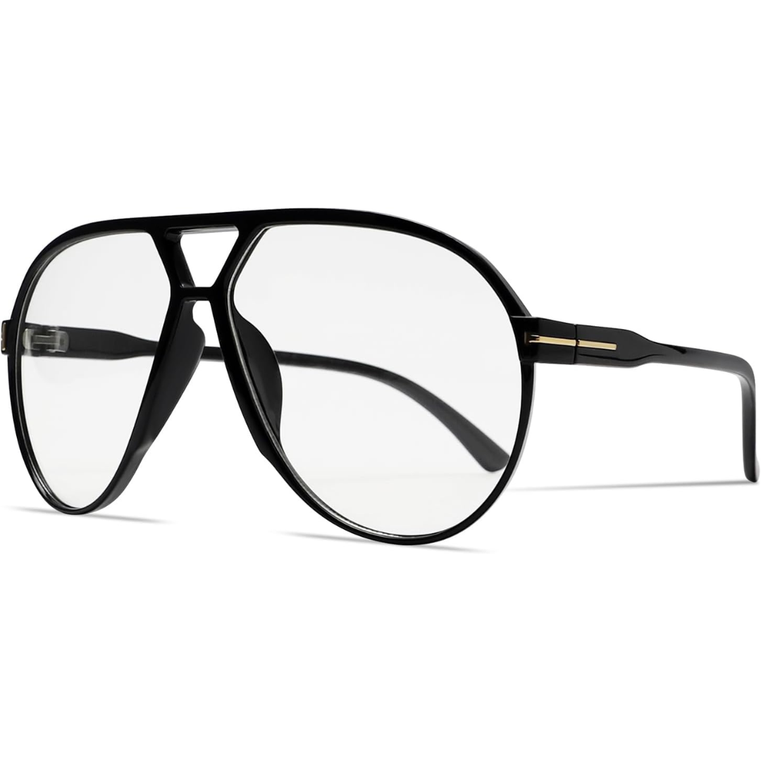 Schwarze Pilotenbrille mit klaren Gläsern, modisches Accessoire, Unisex-Design.