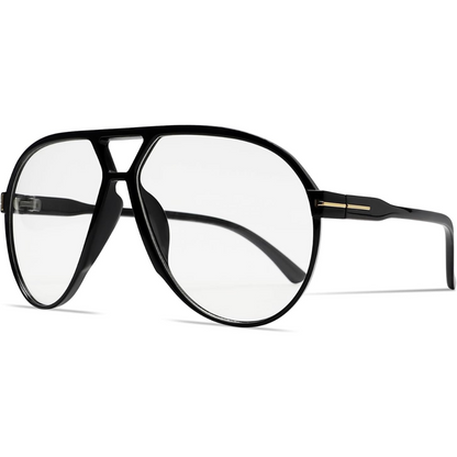 Schwarze Pilotenbrille mit klaren Gläsern, modisches Accessoire, Unisex-Design.