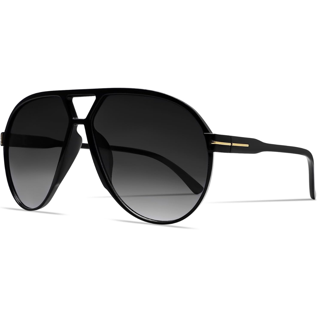 Schwarze Piloten-Sonnenbrille mit goldenen Akzenten, UV-Schutz, modisches Accessoire.