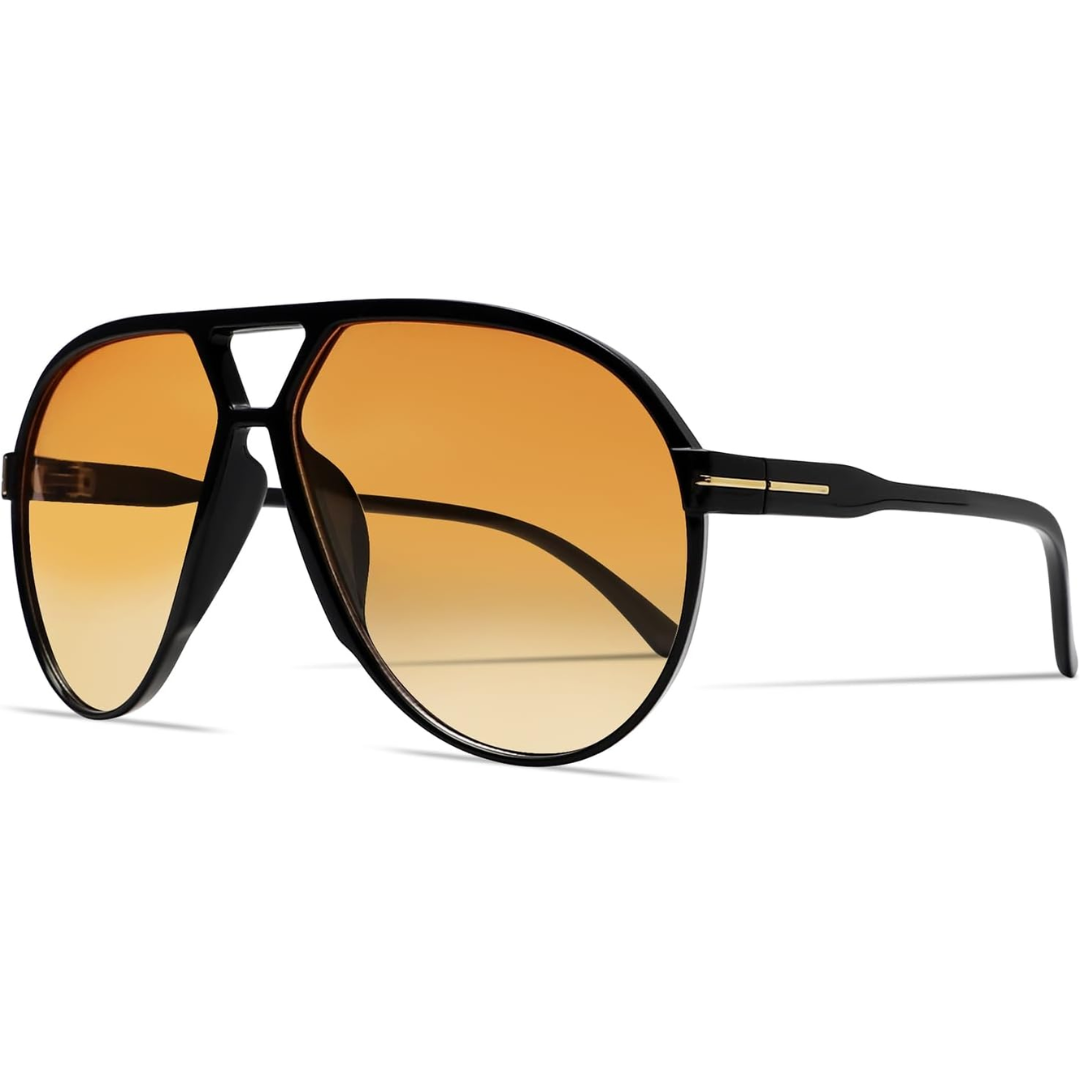 Schwarze Sonnenbrille mit orangefarbenen Gläsern, modisches Accessoire, Unisex-Design.
