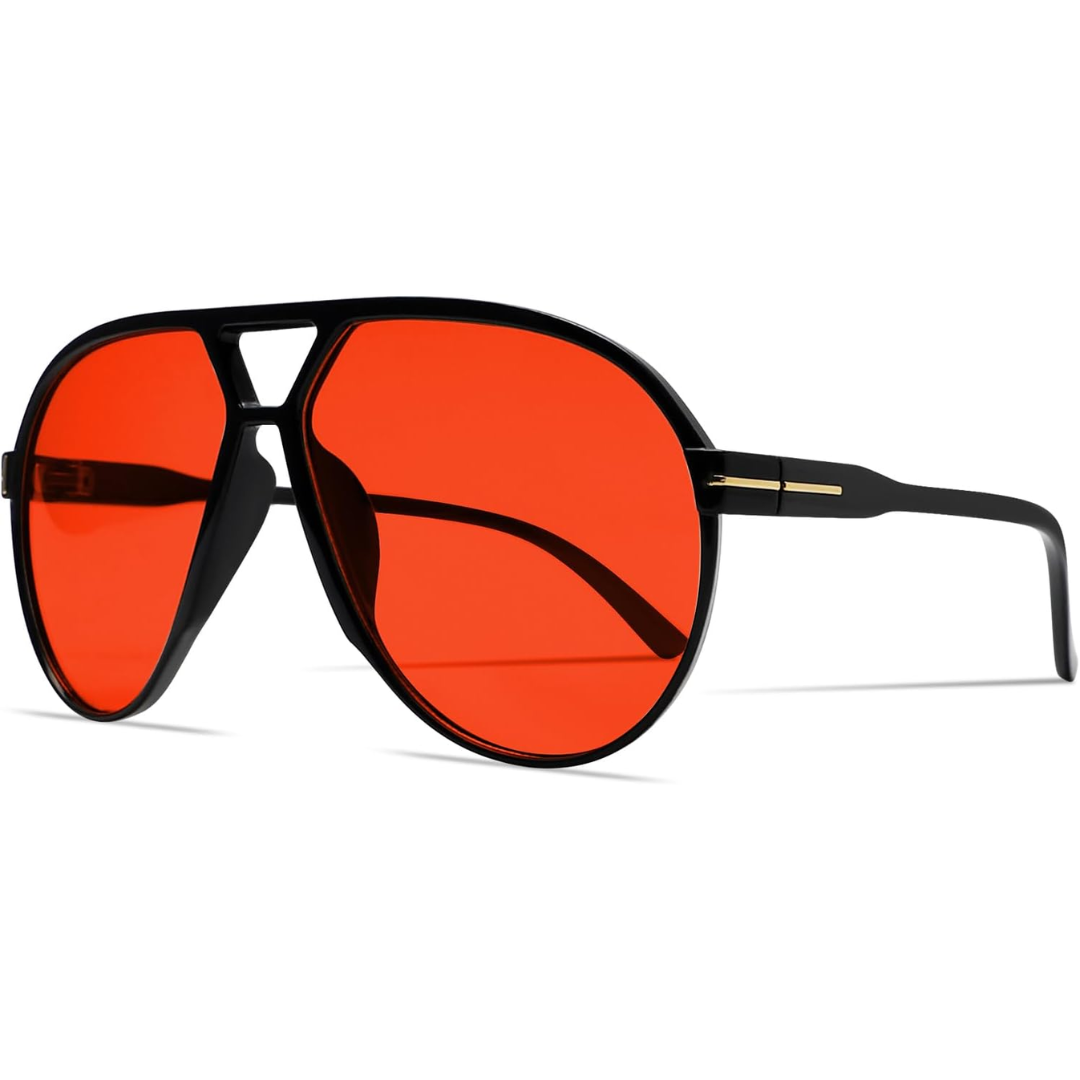 Schwarze Sonnenbrille mit roten Gläsern, modisches Accessoire, Unisex, UV-Schutz.