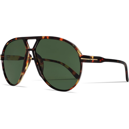 Sonnenbrille Pilotenstil, braunes Havanna-Muster, grüne Gläser, Unisex-Accessoire.