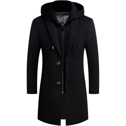 Schwarzer Herrenmantel mit Kapuze, elegantes Design, Wintermode, warm, stilvoll.