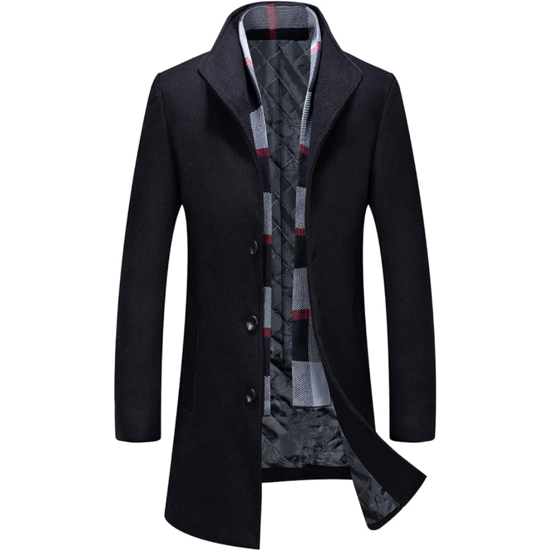 Schwarzer Herrenmantel, Wollmischung, kariertes Innenfutter, elegantes Design, Wintermode.