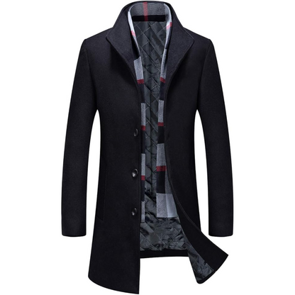 Schwarzer Herrenmantel, Wollmischung, kariertes Innenfutter, elegantes Design, Wintermode.