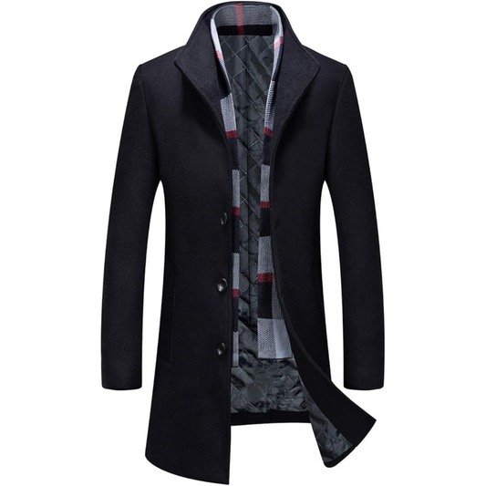 Schwarzer Herrenmantel, Wollmischung, kariertes Innenfutter, elegantes Design, Wintermode.