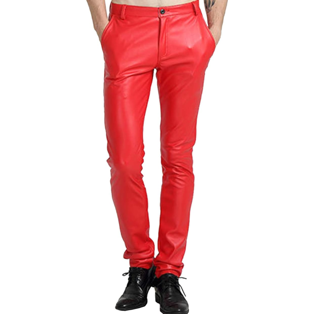 Rote Lederhose für Herren, modisch, eng anliegend, ideal für Partys und Events.