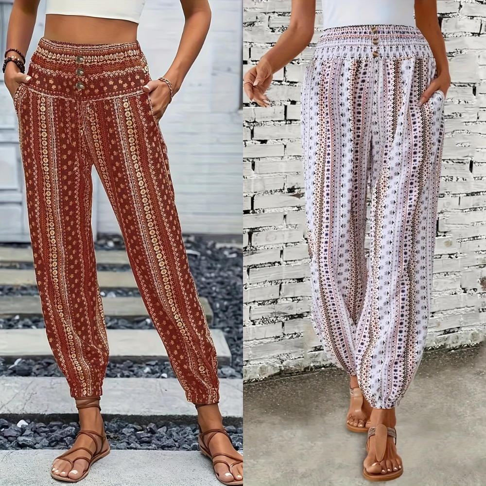 Boho Högmidjade Dambyxor med tryck och smockad midja – Linara