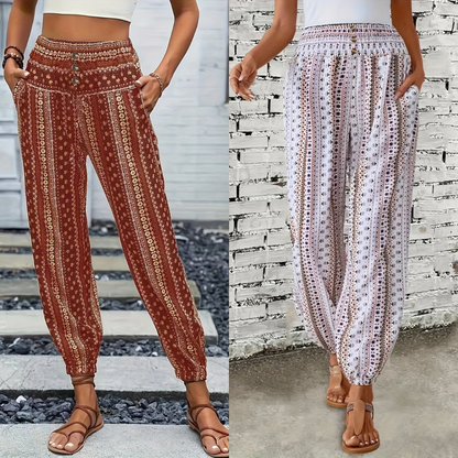 Boho Högmidjade Dambyxor med tryck och smockad midja – Linara