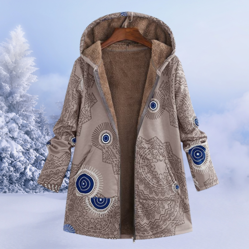 Damen Wintermantel mit Kapuze, beige, geometrisches Muster, warm, modisch, Outdoor-Bekleidung.