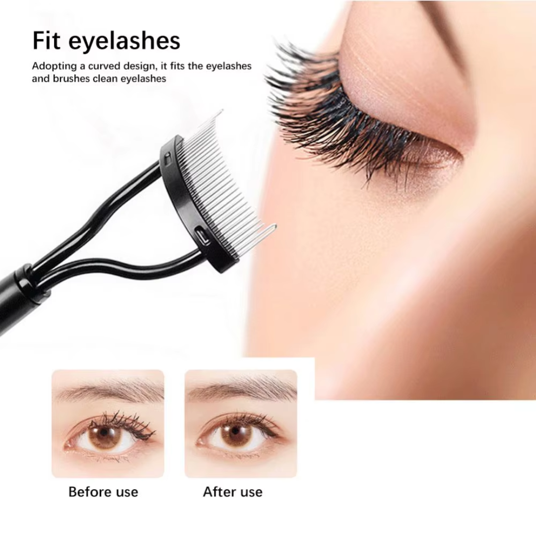 Wimpernkamm für geschwungene Wimpern, schwarz, Make-up-Tool, vor und nach der Anwendung.