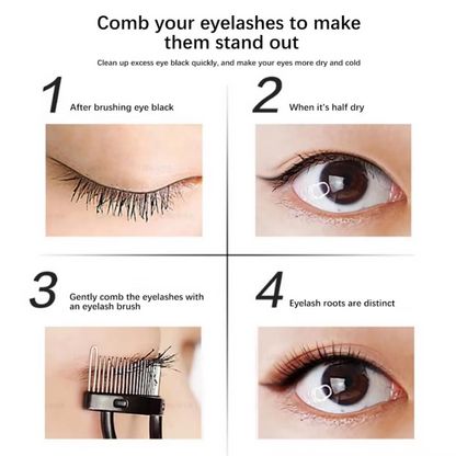 Anleitung zur Wimpernpflege, vier Schritte, Wimpernbürste, Augen-Make-up, Nahaufnahme.