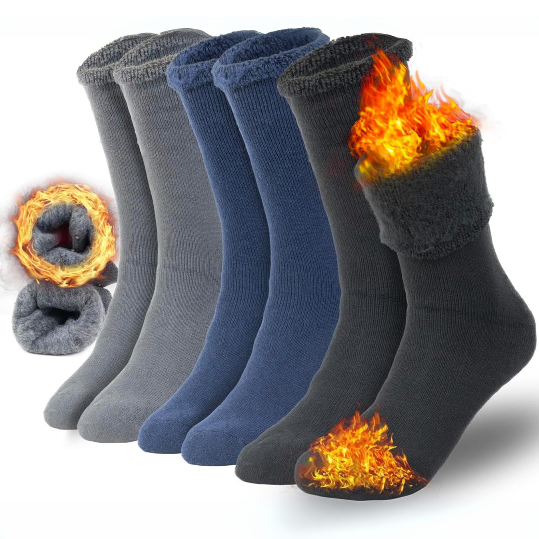 Sechs Paar Thermosocken, grau und blau, mit Flammeneffekt, warm, winterfest, Herren.