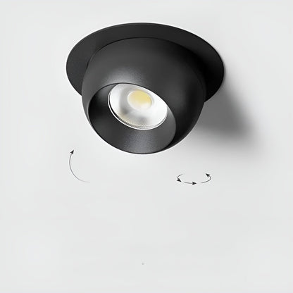 Svart infälld spotlight med synlig lampa, med pilar som visar att den kan vridas och lutas 5