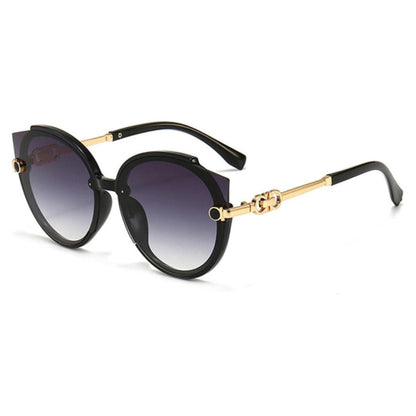 Schwarze Designer-Sonnenbrille mit goldenen Details, runde Gläser, UV-Schutz, modisch.