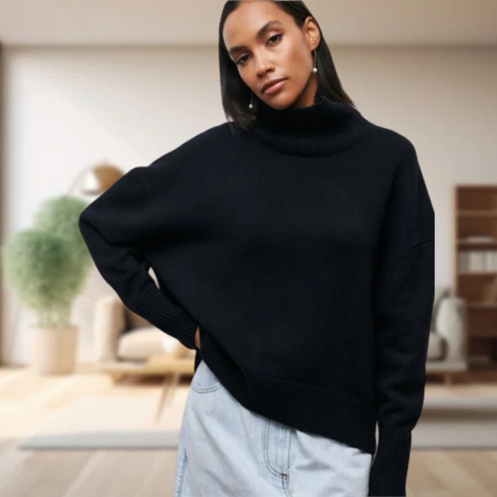 Frau in schwarzem Rollkragenpullover, lässig, modern, Wohnzimmer, Mode, Herbstkleidung.