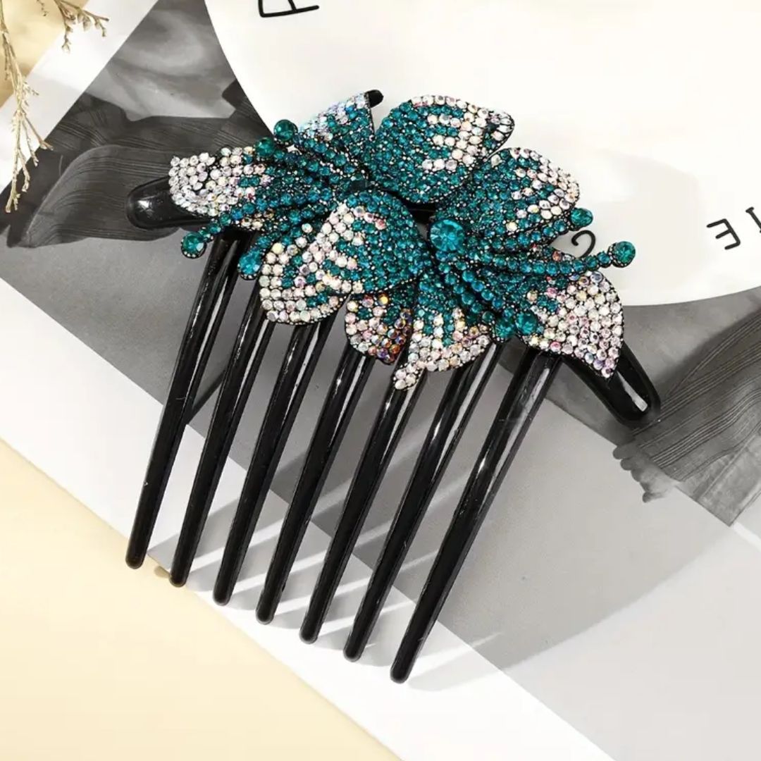 Schwarzer Haarkamm mit türkisfarbenen Strass-Schmetterlingen, elegantes Haaraccessoire.